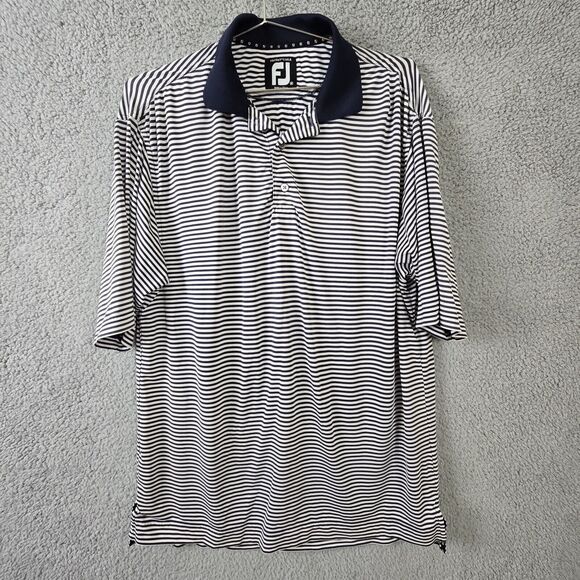FootJoy ProDry Lisle Golf Polo Mens M Navy Blue White Striped Stretch Shirt - Picture 1 of 6